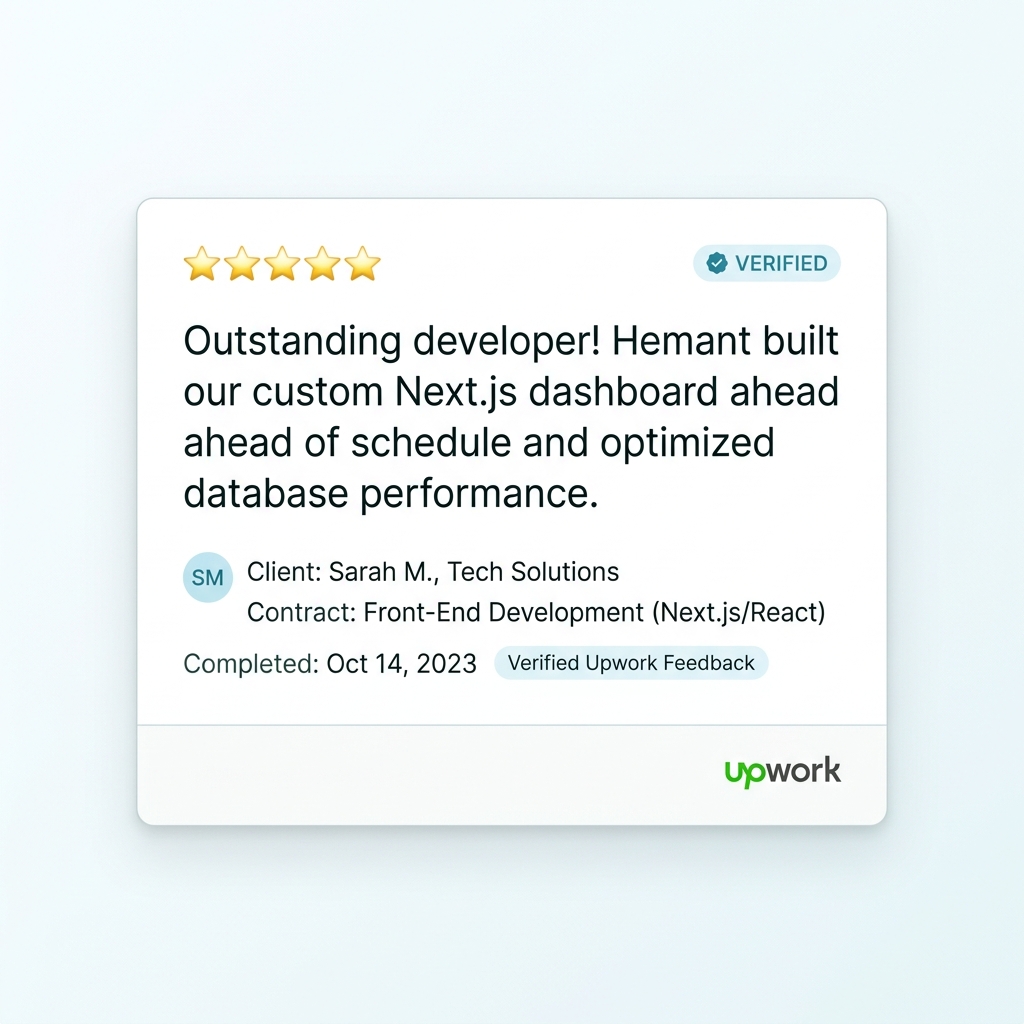 Upwork verified client review for Hemant Kumar: Next.js dashboard developer